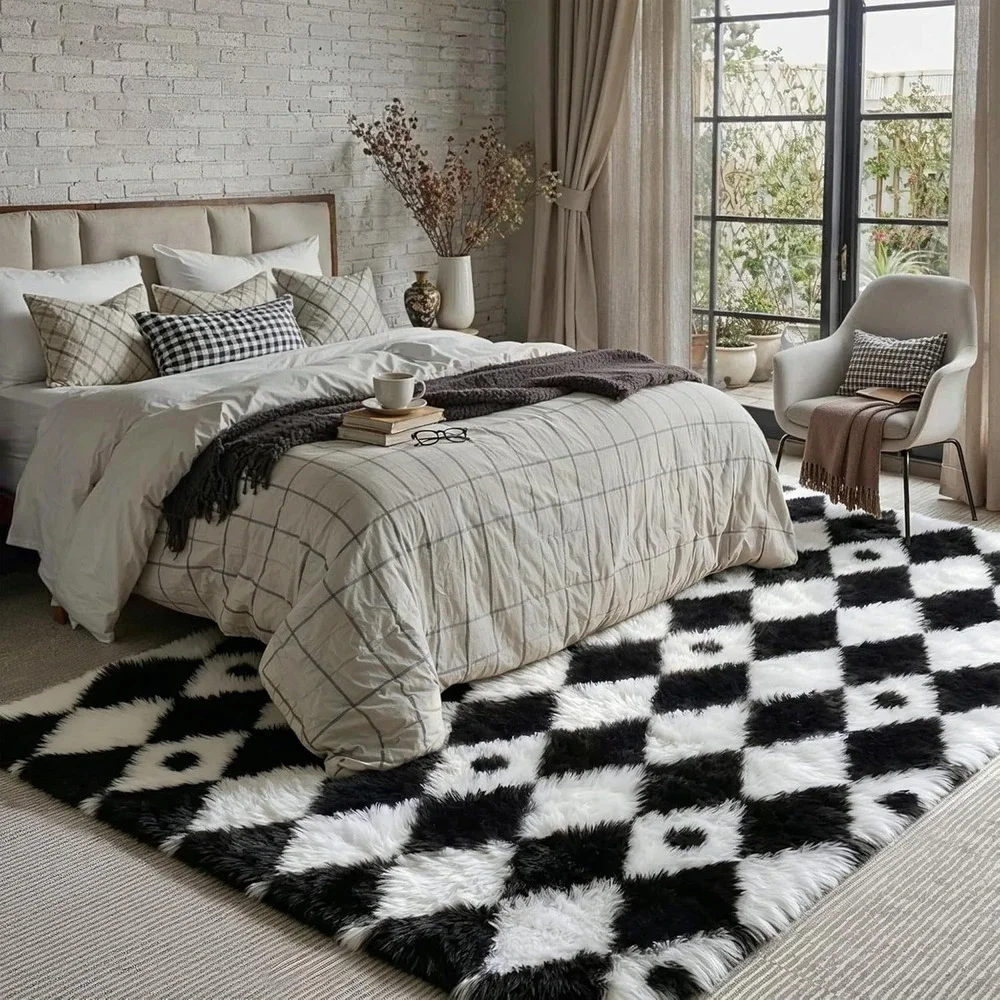 Checkered Rug 6X9 Living Room Black White Modern Shag Rug Washable Large